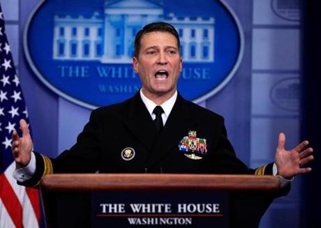 FILE - In this Jan. 16, 2018, file photo, White House physician Dr. Ronny Jackson speaks to reporters during the daily press briefing in the Brady press briefing room at the White House, in Washington. Now it?s Washington?s turn to examine Jackson. The doctor to Presidents George W. Bush, Barack Obama and now Donald Trump is an Iraq War veteran nominated to head the Department of Veterans Affairs. (AP Photo/Manuel Balce Ceneta, File)
