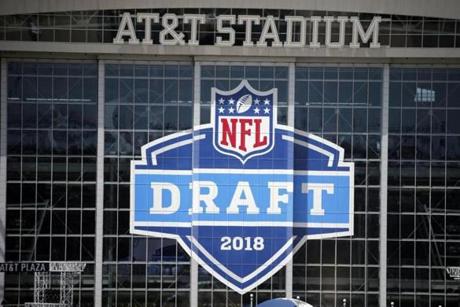 A view of AT&T Stadium as preparations for the upcoming NFL football draft are underway in Arlington, Texas, Sunday, April 22, 2018. (AP Photo/Michael Ainsworth)
