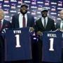 04/27/2018 Foxboro Ma New England Patriots owner Robery Kraft (cq) left with the teams new players Isaiah Wynn (cq) Sony Michel (cq) and Jonathn Kraft (cq) at far right. Jonathan Wiggs /Globe Staff Reporter:Topic. 