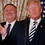 Mandatory Credit: Photo by SHAWN THEW/EPA-EFE/REX/Shutterstock (9657392e) Donald J. Trump and Mike Pompeo US President Donald J. Trump participates in ceremonial swearing in ceremony for US Secretary of State Mike Pompeo, Washington, USA - 02 May 2018 US President Donald J. Trump (R), with US Secretary of State Mike Pompeo (L), delivers remarks during a ceremonial swearing in ceremony at the State Department in Washington, DC, USA, 02 May 2018. Secretary Pompeo succeeds Rex Tillerson as the 70th US Secretary of State.