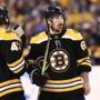 BOSTON, MA - MAY 4: Torey Krug #47 of the Boston Bruins and Brad Marchand #63 look on during the first period of Game Four of the Eastern Conference Second Round against the Tampa Bay Lightning during the 2018 NHL Stanley Cup Playoffs at TD Garden on May 4, 2018 in Boston, Massachusetts.(Photo by Maddie Meyer/Getty Images)