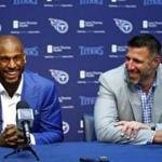Alabama linebacker Rashaan Evans, left, laughs with Tennessee Titans head coach Mike Vrabel at a news conference Friday, April 27, 2018, in Nashville, Tenn. Evans is the Titans' top pick in the NFL football draft. (AP Photo/Wade Payne)