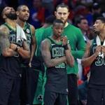 Philadelphia, PA: 5-7-18: As the final seconds ticked off the clock, the Celtics (left to right) Marcus Morris, Al Horford, Terry Rozier III, Aron Baynes and Marcus Smart are pictured. The Boston Celtics visited the Philadelphia 76ers for Game Four of their NBA Eastern Conference Semi Final Playoff series at the Wells Fargo Center. (Jim Davis/Globe Staff)