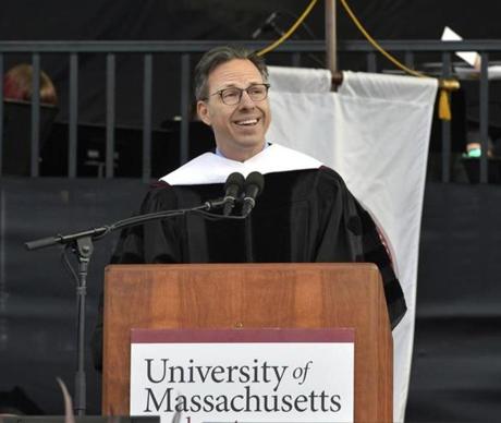 Jake Tapper,Chief Washington Correspondent for CNN, gives the keynote address during the University of Massachusetts' 148th Undergraduate Commencement Ceremony Friday, May 11, 2018, in Amherst, Mass. (Mark M. Murray /The Republican via AP)
