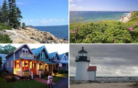 Clockwise (from top left): Acadia National Park in Bar Harbor, Maine; Block Island, R.I.; a Nantucket lighthouse; gingerbread cottages on Martha?s Vineyard.
