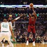 BOSTON, MA - MAY 15: LeBron James #23 of the Cleveland Cavaliers shoots the ball in the first half against the Boston Celtics during Game Two of the 2018 NBA Eastern Conference Finals at TD Garden on May 15, 2018 in Boston, Massachusetts. NOTE TO USER: User expressly acknowledges and agrees that, by downloading and or using this photograph, User is consenting to the terms and conditions of the Getty Images License Agreement. (Photo by Maddie Meyer/Getty Images)