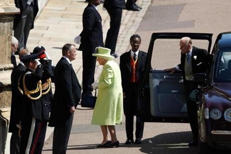 Britain?s Queen Elizabeth II and Britain?s Prince Philip, Duke of Edinburgh, arrive at St. George?s Chapel.
