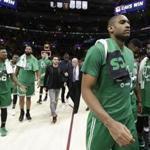 Boston Celtics' Al Horford walks off the court at the end of Game 3 of the team's NBA basketball Eastern Conference finals against the Cleveland Cavaliers, Saturday, May 19, 2018, in Cleveland. The Cavaliers won 116-86. (AP Photo/Tony Dejak)