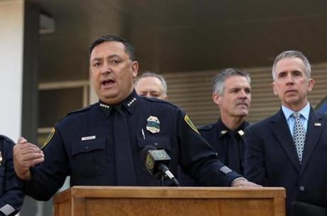 Houston Police Chief Art Acevedo talks about the ATF's mobile National Integrated Ballistic Information Network (NIBIN) van Thursday, April 19, 2018, in Houston. The ATF Houston Field Division and the Houston Police Department unveiled the NIBIN van Thursday. Police hope the unit will help them respond to shooting cases more quickly, and is part of an effort by the federal agency to help local municipalities crack down on gun crime. ( Godofredo A. Vasquez/Houston Chronicle via AP)
