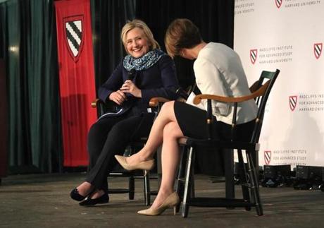 Hillary Rodham Clinton talked with Massachusetts Attorney General Maura Healey at Harvard University.

