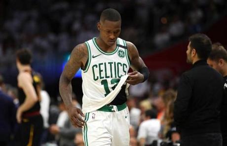 CLEVELAND, OH - MAY 25: Terry Rozier #12 of the Boston Celtics looks on after being defeated by the Cleveland Cavaliers during Game Six of the 2018 NBA Eastern Conference Finals at Quicken Loans Arena on May 25, 2018 in Cleveland, Ohio. NOTE TO USER: User expressly acknowledges and agrees that, by downloading and or using this photograph, User is consenting to the terms and conditions of the Getty Images License Agreement. (Photo by Gregory Shamus/Getty Images)
