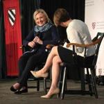 Hillary Rodham Clinton talked with Massachusetts Attorney General Maura Healey at Harvard University.