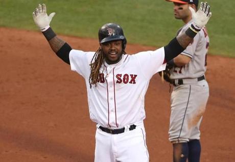 BOSTON, MA 10/08/2017 Red Sox Hanley Ramirez rated after hitting two-run double in the seventh inning. The Boston Red Sox host the Houston Astros in Game Three of the ALDS at Fenway Park in Boston on Oct. 8, 2017. (San Grossfeld/Globe Staff) 

