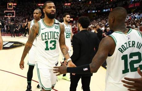 CLEVELAND, OH - MAY 25: Marcus Morris #13 of the Boston Celtics reacts with teammates after being defeated by the Cleveland Cavaliers during Game Six of the 2018 NBA Eastern Conference Finals at Quicken Loans Arena on May 25, 2018 in Cleveland, Ohio. NOTE TO USER: User expressly acknowledges and agrees that, by downloading and or using this photograph, User is consenting to the terms and conditions of the Getty Images License Agreement. (Photo by Gregory Shamus/Getty Images)
