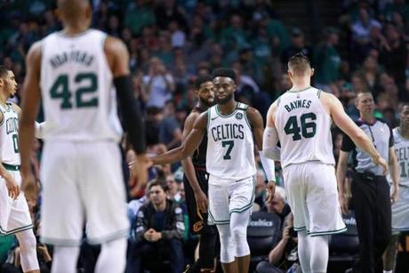 Boston, MA: 5-23-18: Five of th eseen Celtics players in the rotation are pictured (left to right) Jayson Tatum (0), Al Horford (42), Jaylen Brown (7), Aron Baynes (46) and Terry Rozier III (13). The Boston Celtics hosted the Cleveland Cavaliers for Game Five of their NBA Eastern Conference Finals playoff series at the TD Garden. (Jim Davis/Globe Staff)
