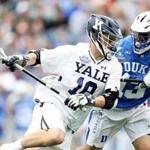 FOXBORO, MA - MAY 28: Sean Cerrone #13 of the Duke Blue Devils defends Jack Tigh #18 of the Yale Bulldogs during the 2018 NCAA Division I Men's Lacrosse Championship game at Gillette Stadium on May 28, 2018 in Boston, Massachusetts. (Photo by Maddie Meyer/Getty Images)