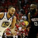 HOUSTON, TX - MAY 28: Stephen Curry #30 of the Golden State Warriors drives against James Harden #13 of the Houston Rockets in the second half of Game Seven of the Western Conference Finals of the 2018 NBA Playoffs at Toyota Center on May 28, 2018 in Houston, Texas. NOTE TO USER: User expressly acknowledges and agrees that, by downloading and or using this photograph, User is consenting to the terms and conditions of the Getty Images License Agreement. (Photo by Ronald Martinez/Getty Images)