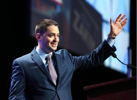 At the state Democratic convention, Josh Zakim waves to the crowd after he won the party?s endorsement for Secretaryof State over the longtime incumbent, William F. Galvin. 
