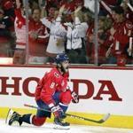 Washington Capitals forward Alex Ovechkin, of Russia, celebrates his goal against the Vegas Golden Knights during the second period in Game 3 of the NHL hockey Stanley Cup Final, Saturday, June 2, 2018, in Washington. (AP Photo/Alex Brandon)