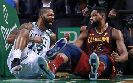 The Celtics? Marcus Morris howls with delight after the Cavaliers? Tristan Thompson was called for a foul when they both ended up on the floor on a second-half drive to the basket.
