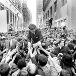 Senator Robert F. Kennedy, surrounded by an enthusiastic crowd, campaigned in Philadelphia in April 1968.