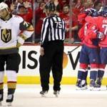 WASHINGTON, DC - JUNE 04: William Karlsson #71 of the Vegas Golden Knights reacts as Michal Kempny #6 of the Washington Capitals is congratulated by his teammates after scoring a third-period goal in Game Four of the 2018 NHL Stanley Cup Final at Capital One Arena on June 4, 2018 in Washington, DC. (Photo by Gregory Shamus/Getty Images)