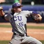 TCU pitcher Durbin Feltman (15) pitches during the championship game of the Big 12 baseball tournament game between TCU and Baylor in Oklahoma City, Sunday, May 27, 2018. Baylor won 6-5 in eleven innings. (AP Photo/Sue Ogrocki)