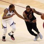 CLEVELAND, OH - JUNE 06: LeBron James #23 of the Cleveland Cavaliers drives to the basket defended by Kevin Durant #35 of the Golden State Warriors in the second half during Game Three of the 2018 NBA Finals at Quicken Loans Arena on June 6, 2018 in Cleveland, Ohio. NOTE TO USER: User expressly acknowledges and agrees that, by downloading and or using this photograph, User is consenting to the terms and conditions of the Getty Images License Agreement. (Photo by Gregory Shamus/Getty Images)