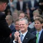 Boston, MA - 05/22/18 - Governor Charlie Baker applauds Mayor Marty Walsh after Walsh spoke at the gathering. Omni Hotels officials, Mayor Walsh, Gov. Baker, and other dignitaries met to pretend to break ground on the Omni hotel project across the street from the convention center in the Seaport District. (Lane Turner/Globe Staff) Reporter: (Jon Chesto) Topic: (23omni)