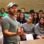 Former wounded Israeli soldier Ohad Poraz, 33, told his story at the Rashi School on Friday.