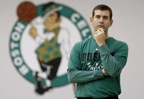 Boston Celtics head coach Brad Stevens looks on during practice in Waltham, Mass., Saturday, April 14, 2018. (Winslow Townson For The Boston Globe)
