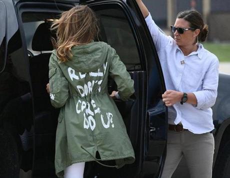 US First Lady Melania Trump departs Andrews Air Rorce Base in Maryland June 21, 2018 wearing a jacket emblazoned with the words 