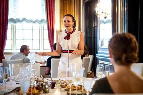 Myka Meier joked with attendees of a Beaumont Etiquette class at the Fairmont Copley Plaza Hotel in Boston this week.
