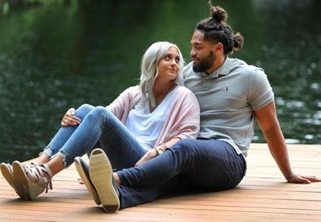 Foxborough- 06/20/18- Patriots LB Harvey Langi spends time with his wife Cassidy on a dock on a pond of a friends home in Foxborough. They were both seriously injured in a car accident last fall. Photo by John Tlumacki/Globe Staff(lmetro)

