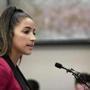 FILE- In this Jan. 19, 2018, file photo, Olympic gold medalist Aly Raisman gives her victim impact statement in Lansing, Mich., during the fourth day of sentencing for former sports doctor Larry Nassar, who pled guilty to multiple counts of sexual assault. Raisman and dozens of other women who alleged they were sexually abused by Larry Nassar will receive the Arthur Ashe Courage Award at the ESPYS, ESPN announced Wednesday, May 16, 2018. (Dale G. Young/Detroit News via AP, File)