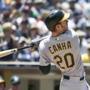 SAN DIEGO, CA - JUNE 20: Mark Canha #20 of the Oakland Athletics hits a solo home run during the third inning of a baseball game against the San Diego Padres at PETCO Park on June 20, 2018 in San Diego, California. (Photo by Denis Poroy/Getty Images)