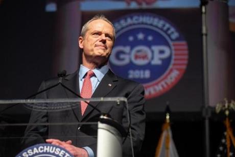 04/28/2018 WORCESTER, MA Governor Charlie Baker (cq) spoke during the Massachusetts GOP State Convention held at the DCU Center in Worcester. (Aram Boghosian for The Boston Globe)
