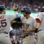 Boston Red Sox' Steve Pearce, left, Xander Bogaerts, and J.D. Martinez celebrate Bogaerts' three-run home run during the fifth inning of an interleague baseball game against the Washington Nationals at Nationals Park Tuesday, July 3, 2018, in Washington. (AP Photo/Alex Brandon)