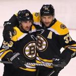Boston-12/07/17 Bruins vs Coyotes- Bruins Brad Marchand(left) is congratulated by Patrice Bergeron after Marchand's 1st period goal. John Tlumacki/Globe staff (sports)