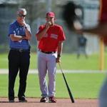 Fort Myers, FL 2/17/2018: Red Sox president of baseball operations Dave Dombrowski (left) and manager Alex Cora (right) watch a workout together. Spring Training for the Red Sox continued today at the Player Development Complex at Jet Blue Park. (Jim Davis/Globe Staff)