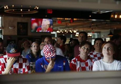 Charlestown, MA--7/15/2018-- Croatian fans react after France scores a goal against Croatia during a World Cup watch party with the New England Friends of Croatia at Blackmoor Bar & Kitchen. (Jessica Rinaldi/Globe Staff) Topic: Reporter: 
