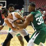 LAS VEGAS, NV - JULY 15: Zach Collins #33 of the Portland Trail Blazers and Guerschon Yabusele #30 of the Boston Celtics fight for a rebound during a quarterfinal game of the 2018 NBA Summer League at the Thomas & Mack Center on July 15, 2018 in Las Vegas, Nevada. NOTE TO USER: User expressly acknowledges and agrees that, by downloading and or using this photograph, User is consenting to the terms and conditions of the Getty Images License Agreement. (Photo by Ethan Miller/Getty Images)