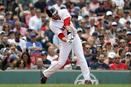 Boston Red Sox's J.D. Martinez connects on a solo home run against the Toronto Blue Jays during the fourth inning of a baseball game Saturday, July 14, 2018, in Boston. (AP Photo/Winslow Townson)
