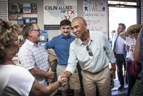 Former Massachusetts Governor Deval Patrick campaigns for Colin Allred, who is running for governor in Texas, during an appearance at Allred's campaign headquarters in Richardson, Texas. Gov. Patrick is considering a 2020 presidential run. 
