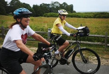 MARTHA'S VINEYARD, MA - 07/11/2018 Ruth Weiner and Judy Lipsky push through on day two of a three-day journey, covering hundreds of miles, on Martha's Vineyard. Ruth and Judy met in a mom playgroup in the 70s, found they shared a love of bicycling, and now, in their 70s, the two have cycled 1000s of miles together, all over the world. Erin Clark for the Boston Globe
