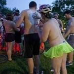 Cyclists prepared for the start of the World Naked Bike Ride Boston at North Point Park in Cambridge in 2015.
