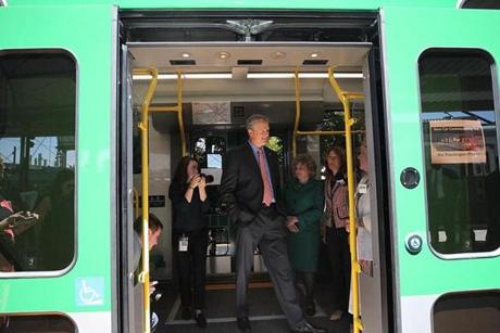 Governor Charlie Baker got a tour of the new Green Line trolley at Riverside Station.
