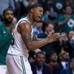 Boston, MA: 11-27-17: The Celtics Marcus Smart reacts after making a fourh quarter three point shot. The Boston Celtics hosted the Detroit Pistons in a regular season NBA basketball game at TD Garden. (Jim Davis/Globe Staff)