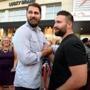 Dedham-09/25/17- The annual Mayo Bowl Fundraiser was held at the Kings Bowl at Legacy Place, benefiting the Boston Medical Center. Patriots James White arrives with fiance Diana Civitello. Sabastian Vollmer(left) greets Rob Ninkovich as they arrive.Debee Tlumacki for the Boston Globe(names)