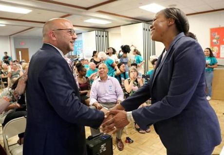 Jeff Sánchez and Nika Elugardo at a candidates forum at the First Baptist Church earlier this month. 
